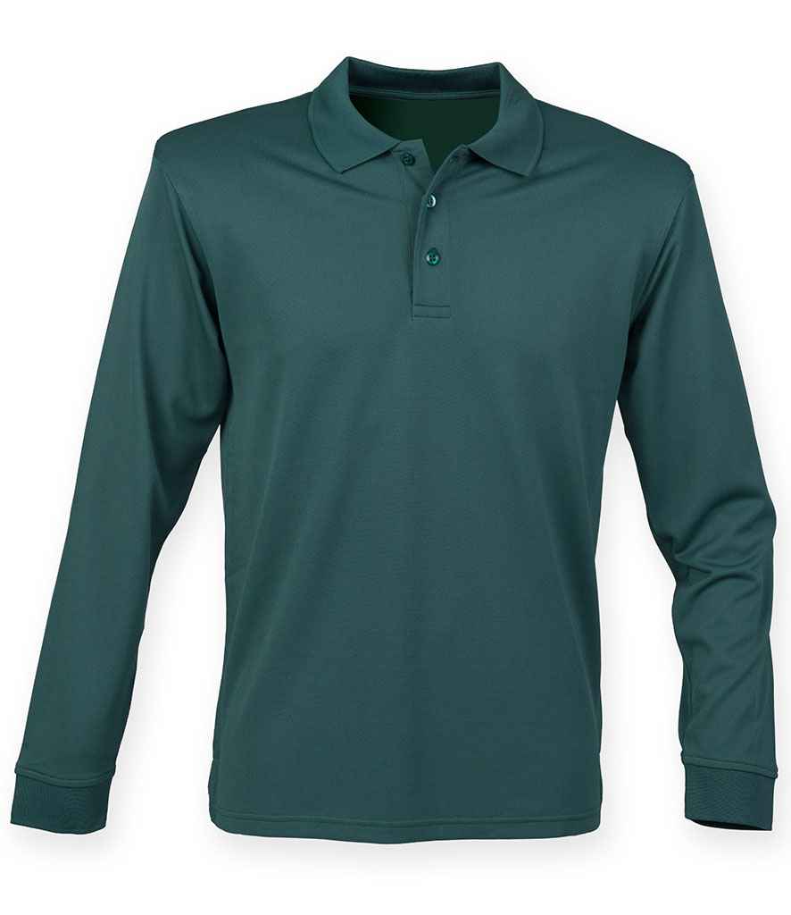 Henbury Unisex Long Sleeve Coolplus Pique Polo Shirt in Bottle Green by Henbury — Custom branded clothing by Print Press, featuring premium embroidery produced in our specialist print lab in the UK.