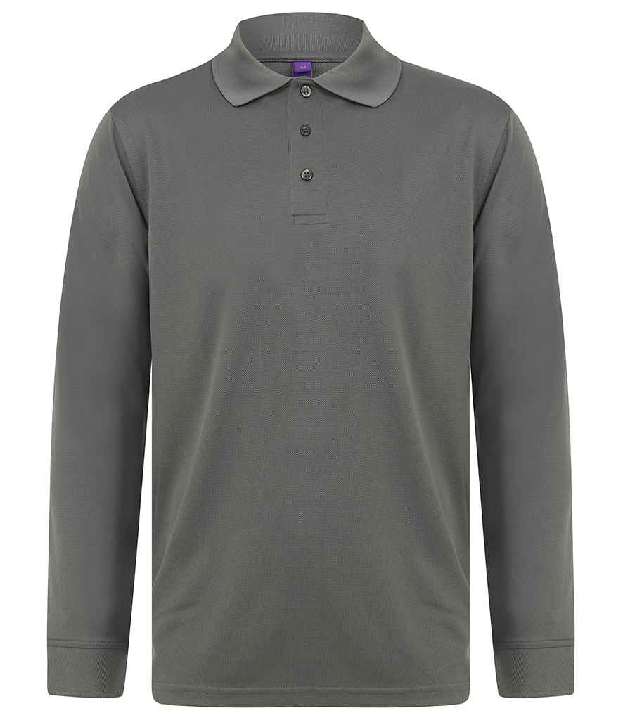 Henbury Unisex Long Sleeve Coolplus Pique Polo Shirt in Charcoal by Henbury — Custom branded clothing by Print Press, featuring premium embroidery produced in our specialist print lab in the UK.