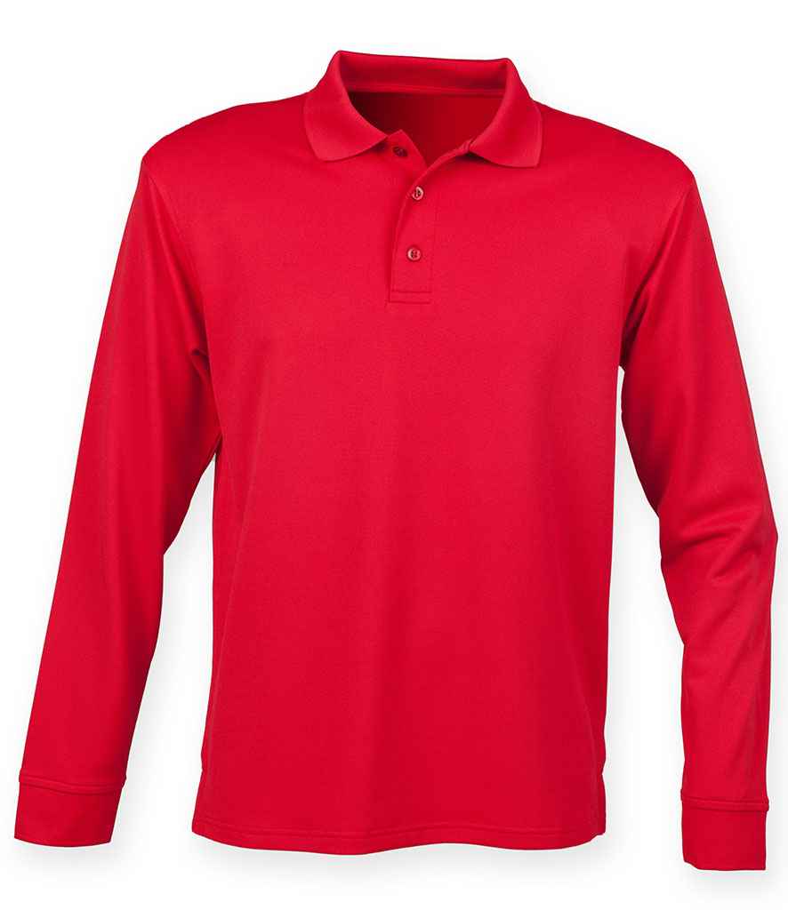 Henbury Unisex Long Sleeve Coolplus Pique Polo Shirt in Classic Red by Henbury — Custom branded clothing by Print Press, featuring premium embroidery produced in our specialist print lab in the UK.