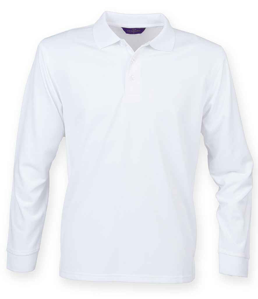Henbury Unisex Long Sleeve Coolplus Pique Polo Shirt in White by Henbury — Custom branded clothing by Print Press, featuring premium embroidery produced in our specialist print lab in the UK.