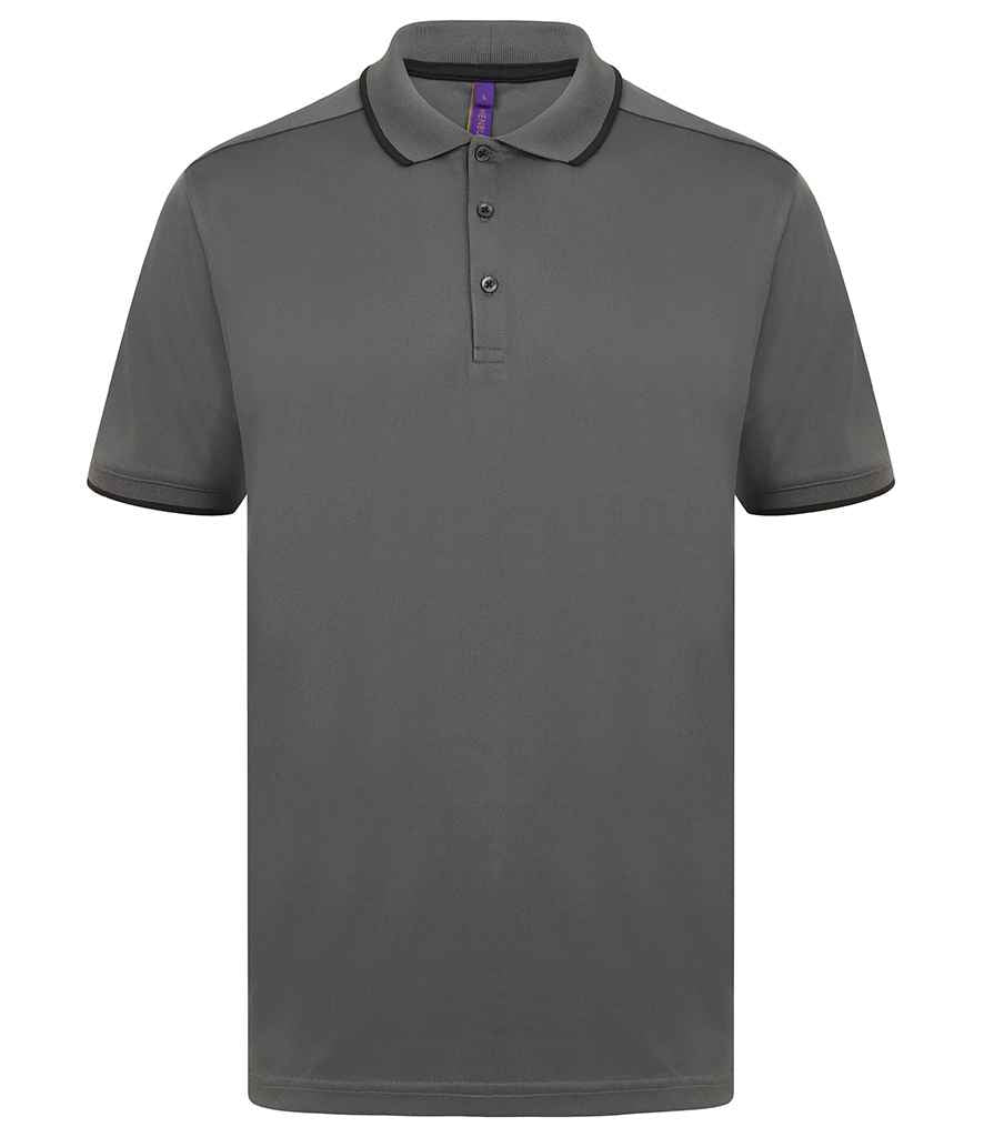 Henbury HiCool Tipped Polo Shirt in Charcoal Black by Henbury — Custom branded clothing by Print Press, featuring premium embroidery produced in our specialist print lab in the UK.