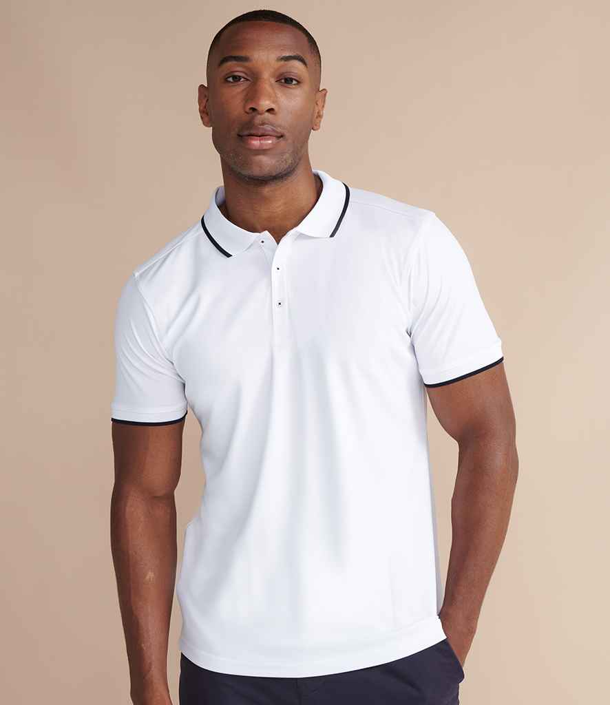 Henbury HiCool Tipped Polo Shirt in White Navy by Henbury — Custom branded clothing by Print Press, featuring premium embroidery produced in our specialist print lab in the UK.