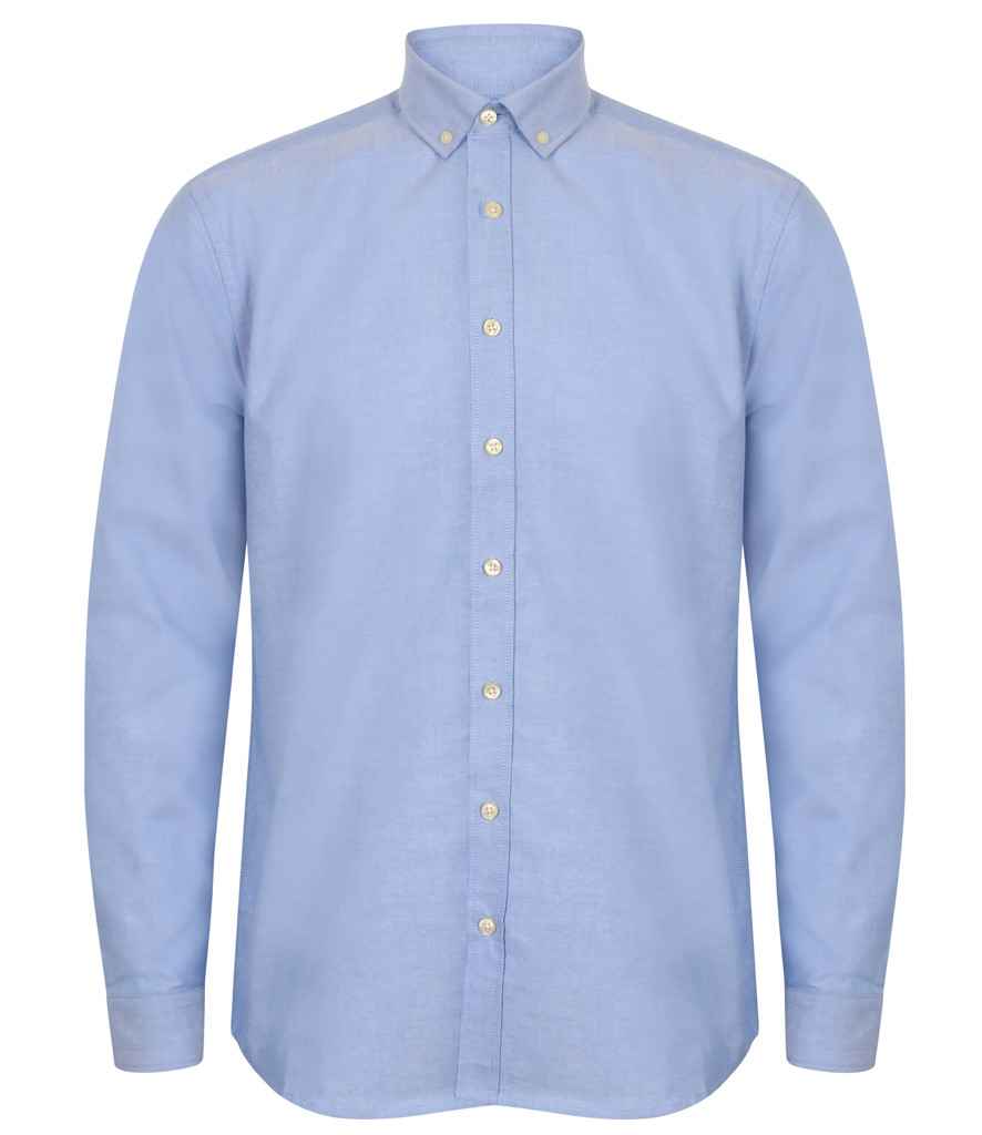 Henbury Modern Long Sleeve Classic Fit Oxford Shirt in Blue by Henbury — Custom branded clothing by Print Press, featuring premium embroidery produced in our specialist print lab in the UK.