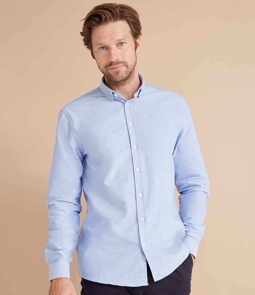 Henbury Modern Long Sleeve Regular Fit Oxford Shirt in Blue by Henbury — Custom branded clothing by Print Press, featuring premium embroidery produced in our specialist print lab in the UK.