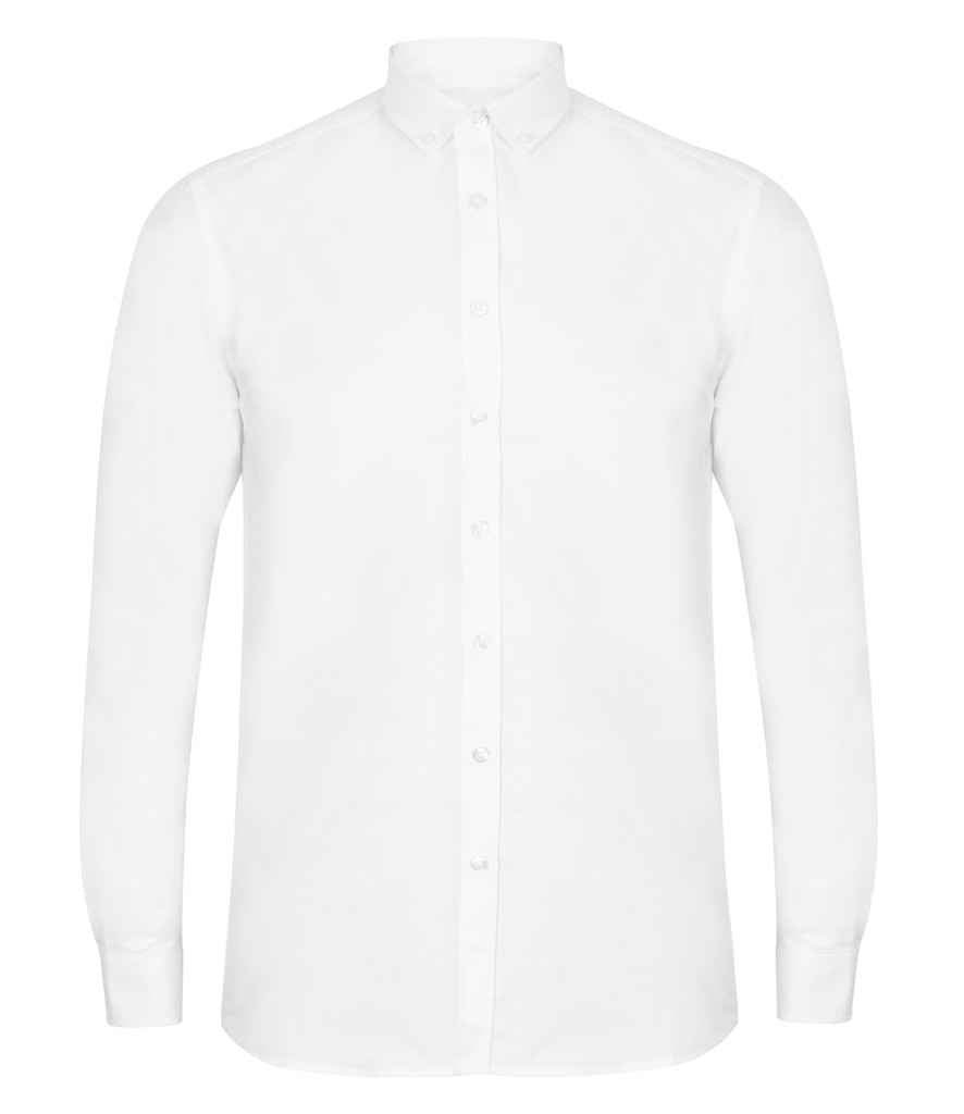 Henbury Modern Long Sleeve Regular Fit Oxford Shirt in White by Henbury — Custom branded clothing by Print Press, featuring premium embroidery produced in our specialist print lab in the UK.