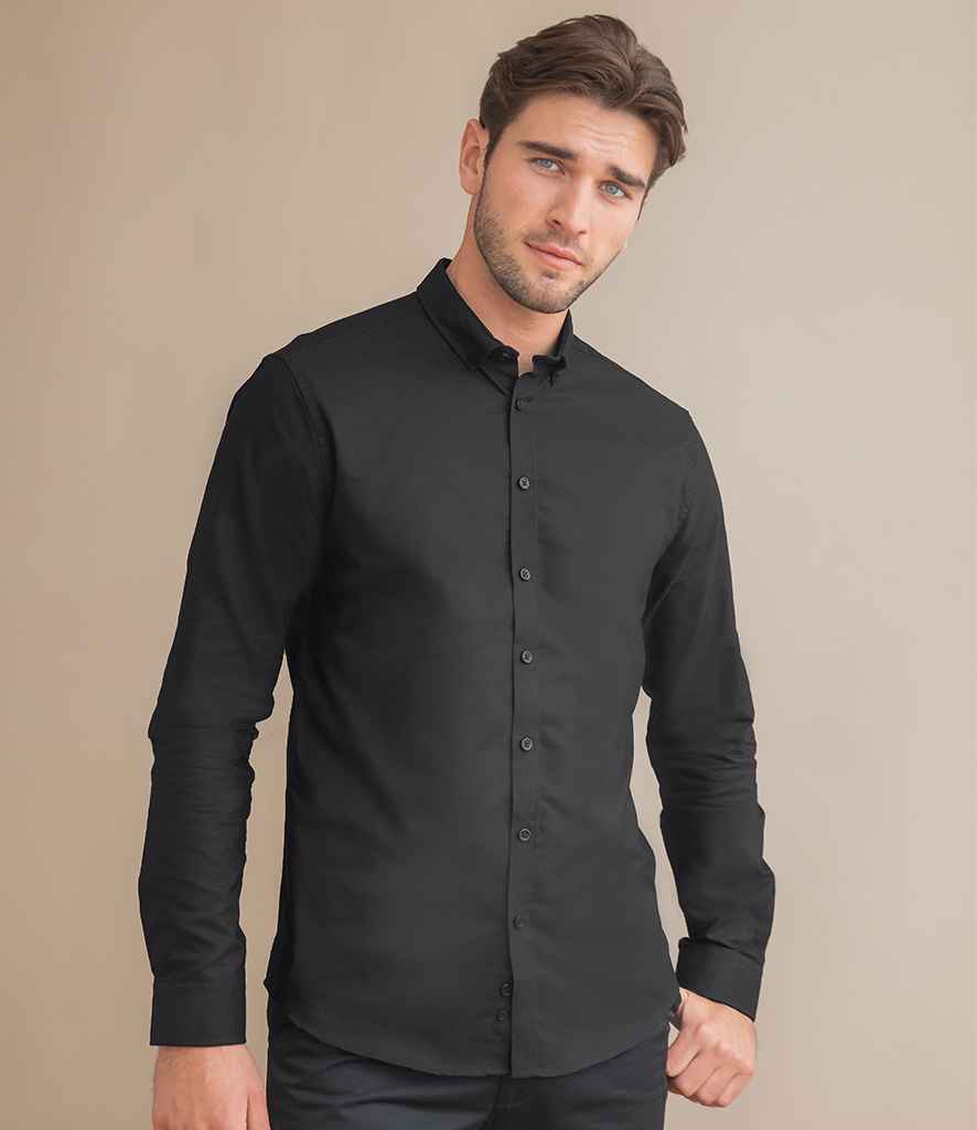 Henbury Modern Long Sleeve Slim Fit Oxford Shirt in Black by Henbury — Custom branded clothing by Print Press, featuring premium embroidery produced in our specialist print lab in the UK.