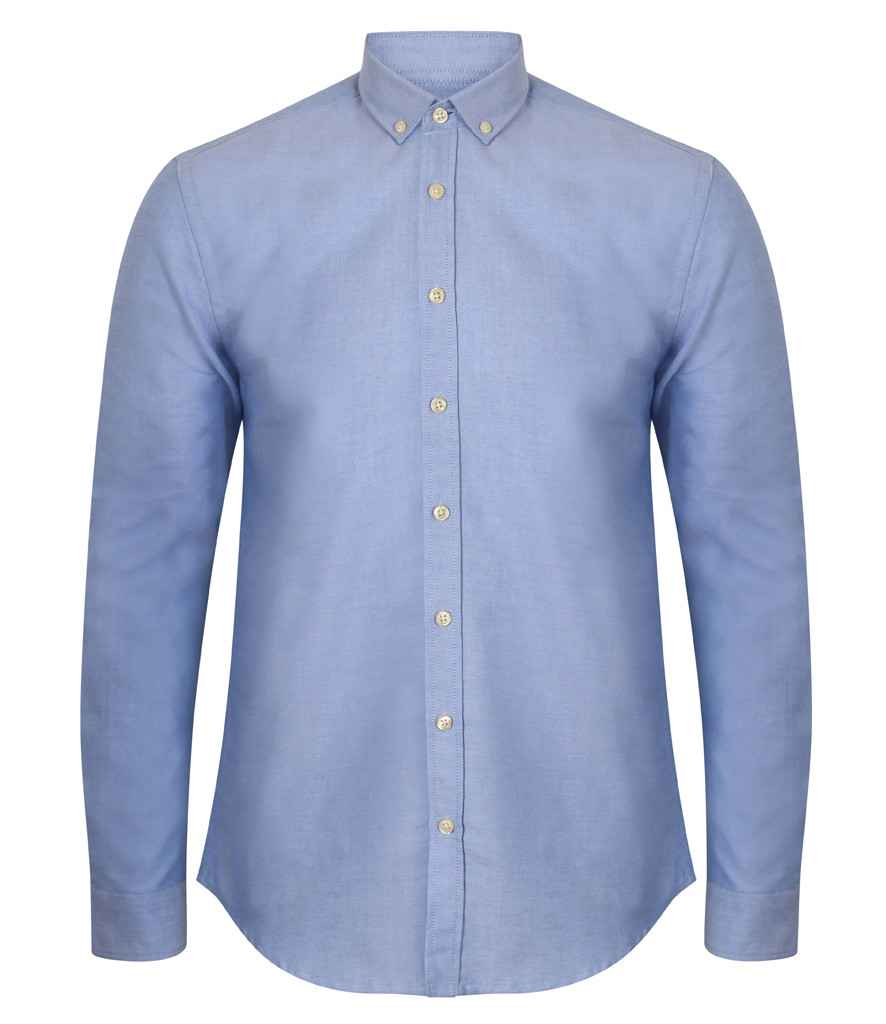 Henbury Modern Long Sleeve Slim Fit Oxford Shirt in Blue by Henbury — Custom branded clothing by Print Press, featuring premium embroidery produced in our specialist print lab in the UK.