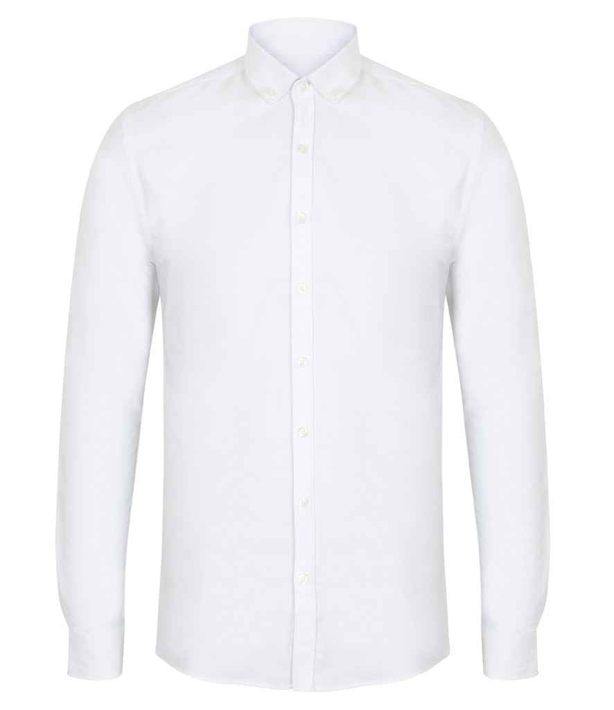 Henbury Modern Long Sleeve Slim Fit Oxford Shirt in White by Henbury — Custom branded clothing by Print Press, featuring premium embroidery produced in our specialist print lab in the UK.