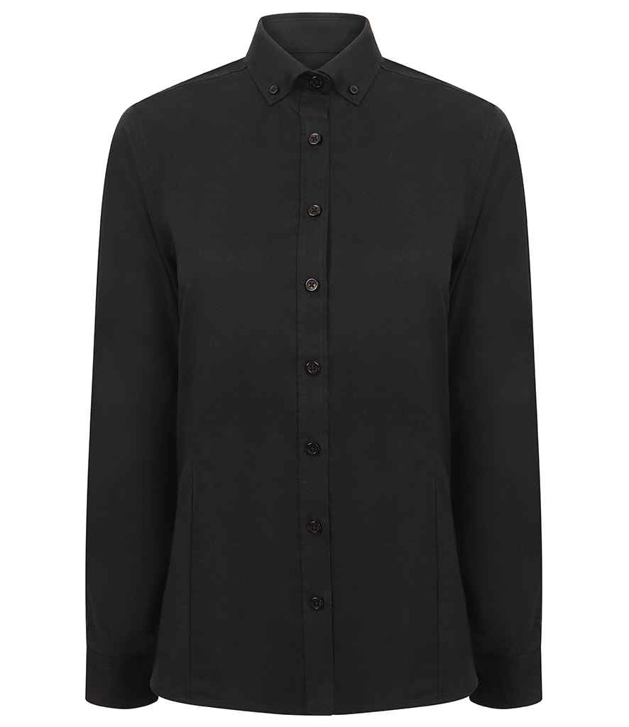 Henbury Ladies Modern Long Sleeve Regular Fit Oxford Shirt in R Black by Henbury — Custom branded clothing by Print Press, featuring premium embroidery produced in our specialist print lab in the UK.