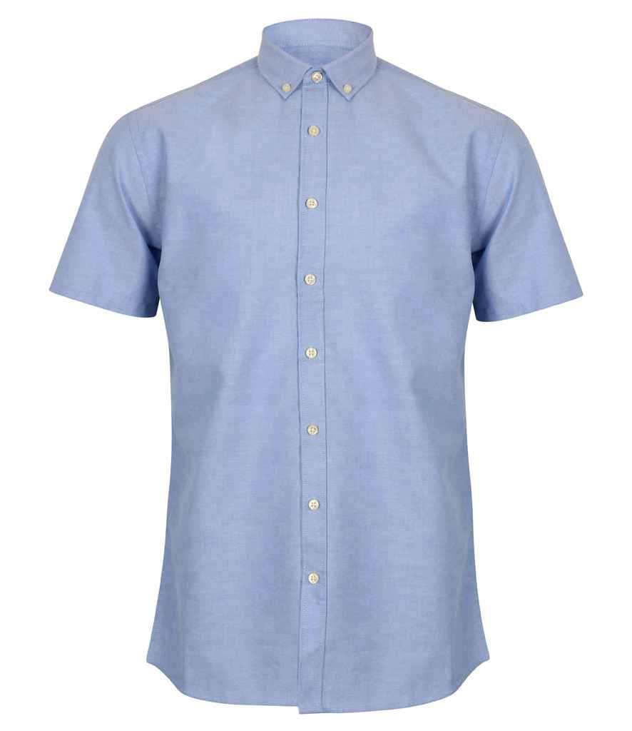 Henbury Modern Short Sleeve Regular Fit Oxford Shirt in R Blue by Henbury — Custom branded clothing by Print Press, featuring premium embroidery produced in our specialist print lab in the UK.