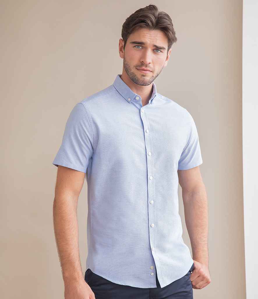 Henbury Modern Short Sleeve Slim Fit Oxford Shirt in Blue by Henbury — Custom branded clothing by Print Press, featuring premium embroidery produced in our specialist print lab in the UK.