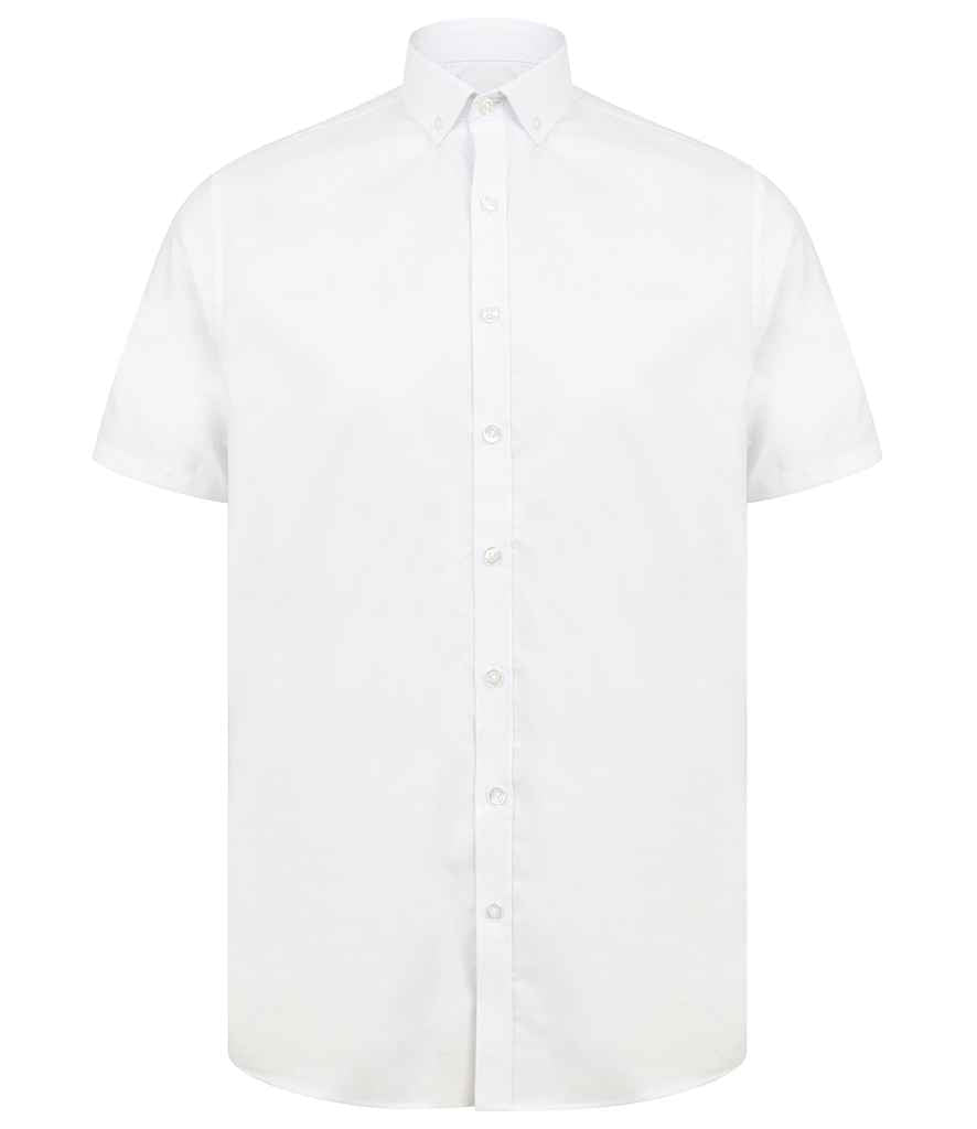 Henbury Modern Short Sleeve Slim Fit Oxford Shirt in White by Henbury — Custom branded clothing by Print Press, featuring premium embroidery produced in our specialist print lab in the UK.