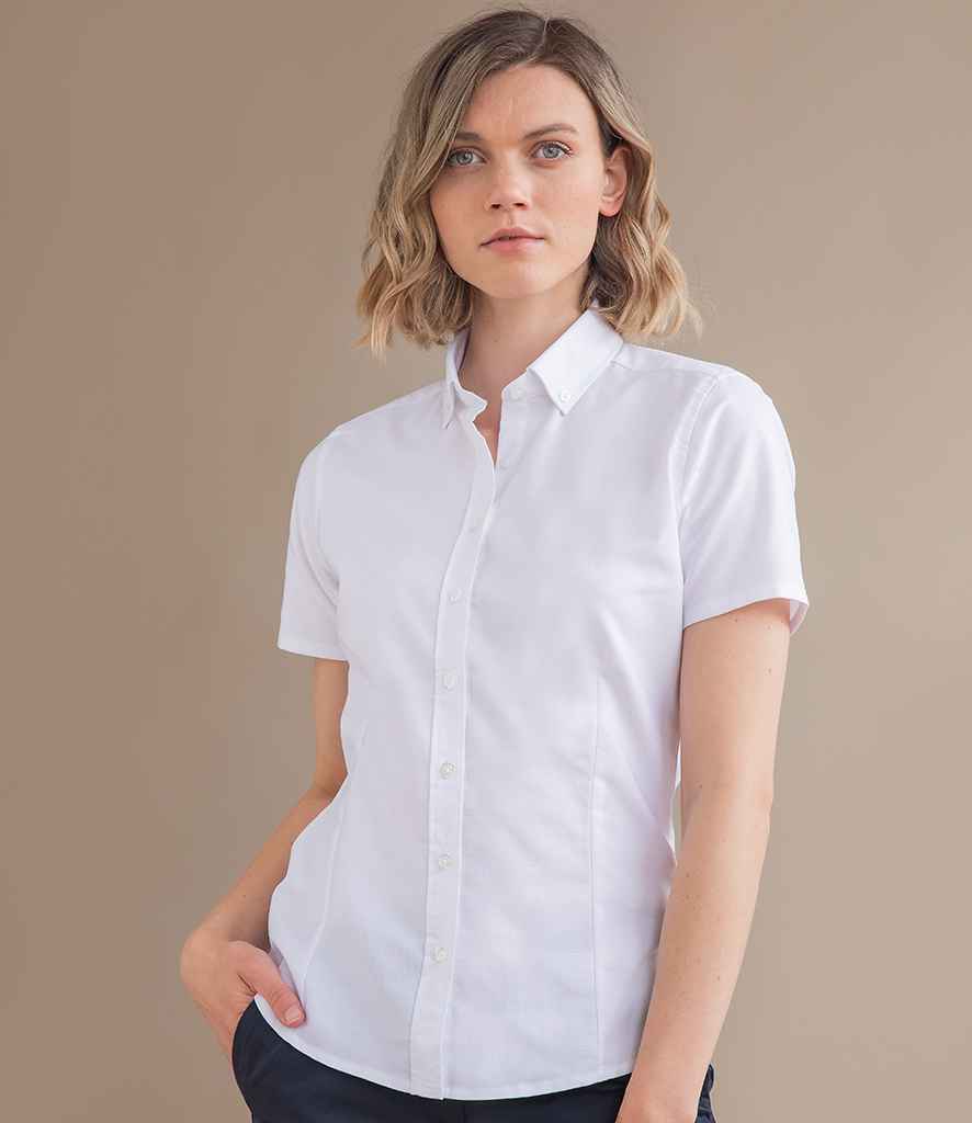Henbury Ladies Modern Short Sleeve Regular Fit Oxford Shirt in R White by Henbury — Custom branded clothing by Print Press, featuring premium embroidery produced in our specialist print lab in the UK.