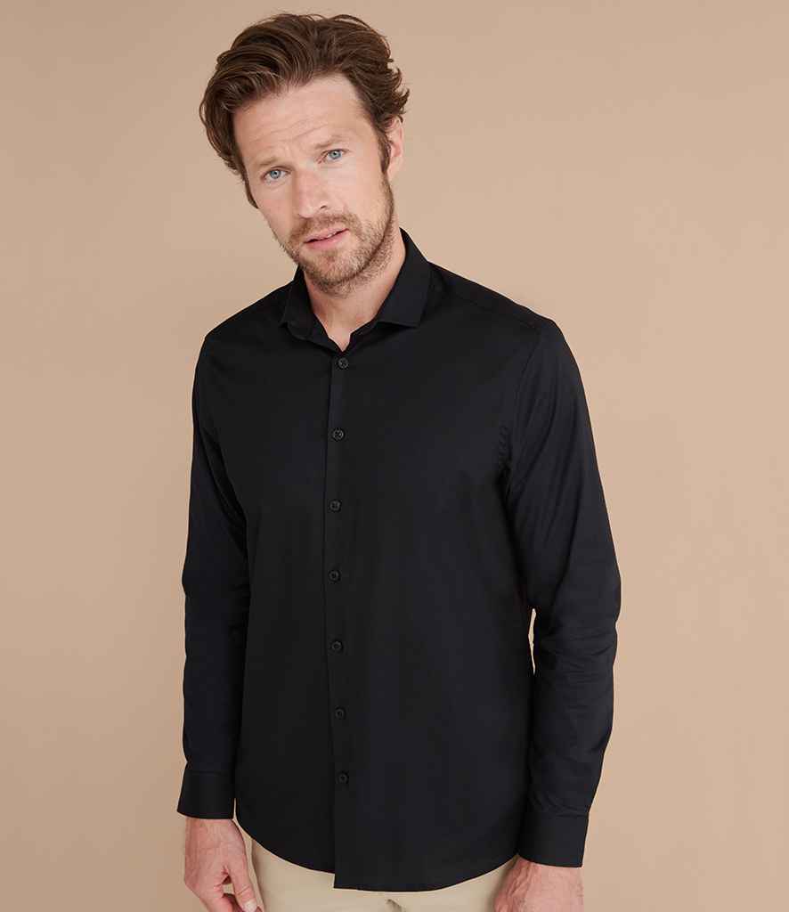 Henbury Long Sleeve Stretch Poplin Shirt in Black by Henbury — Custom branded clothing by Print Press, featuring premium embroidery produced in our specialist print lab in the UK.