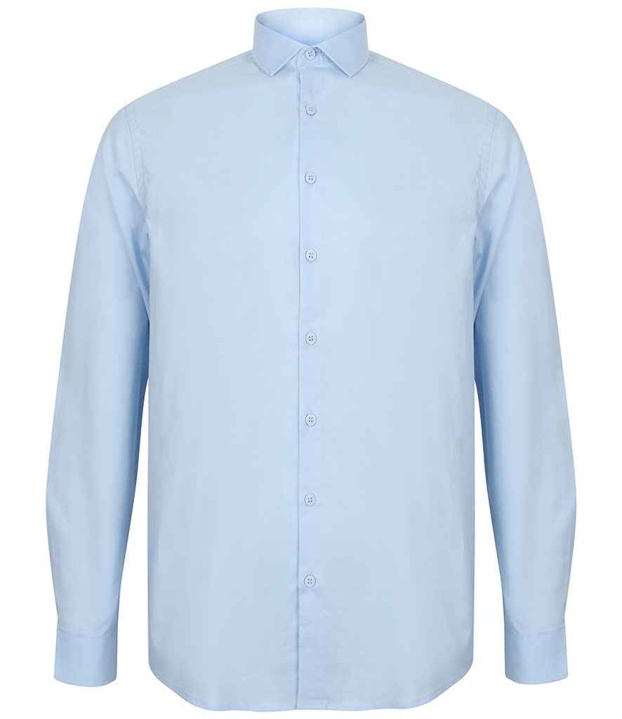 Henbury Long Sleeve Stretch Poplin Shirt in Light Blue by Henbury — Custom branded clothing by Print Press, featuring premium embroidery produced in our specialist print lab in the UK.