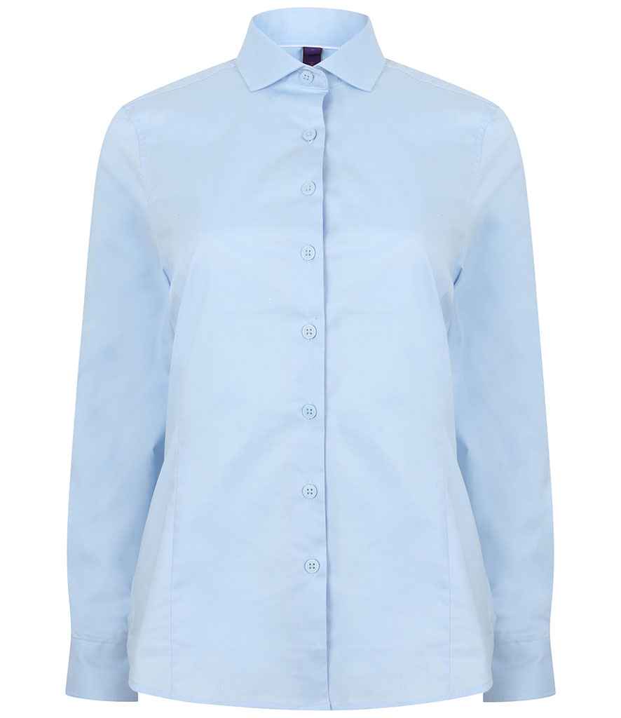 Henbury Ladies Long Sleeve Stretch Poplin Shirt in Light Blue by Henbury — Custom branded clothing by Print Press, featuring premium embroidery produced in our specialist print lab in the UK.
