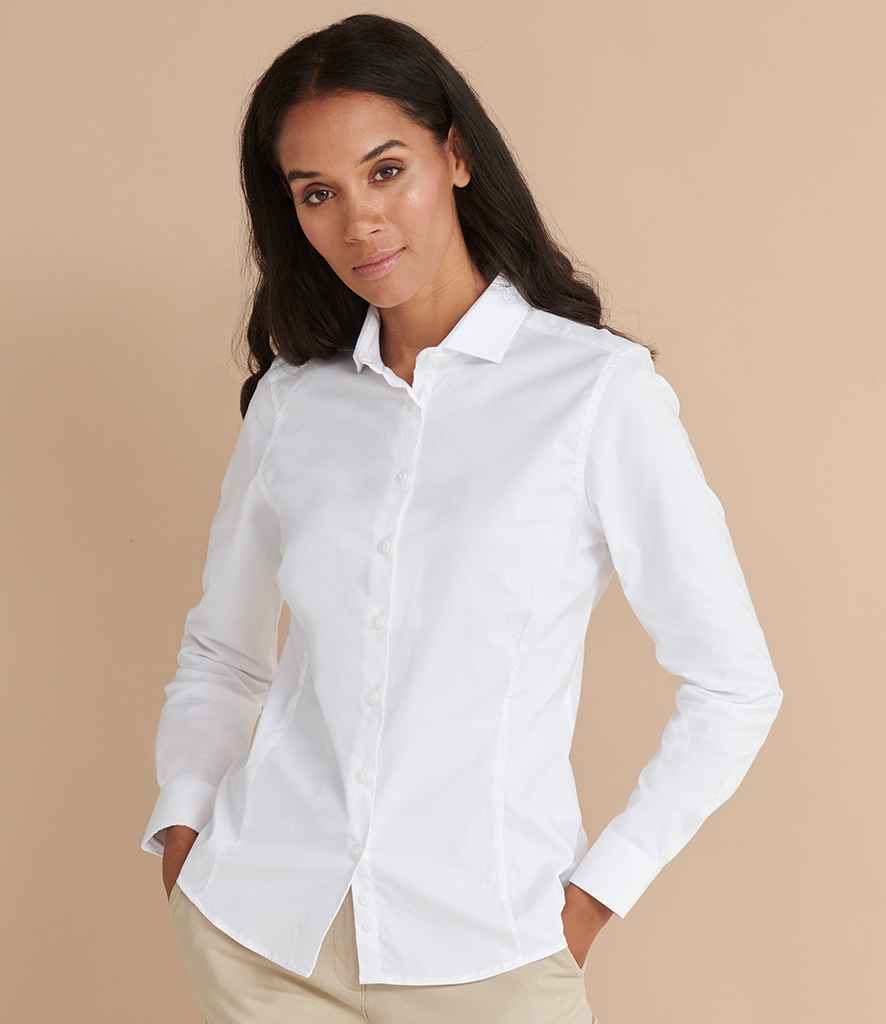 Henbury Ladies Long Sleeve Stretch Poplin Shirt in White by Henbury — Custom branded clothing by Print Press, featuring premium embroidery produced in our specialist print lab in the UK.