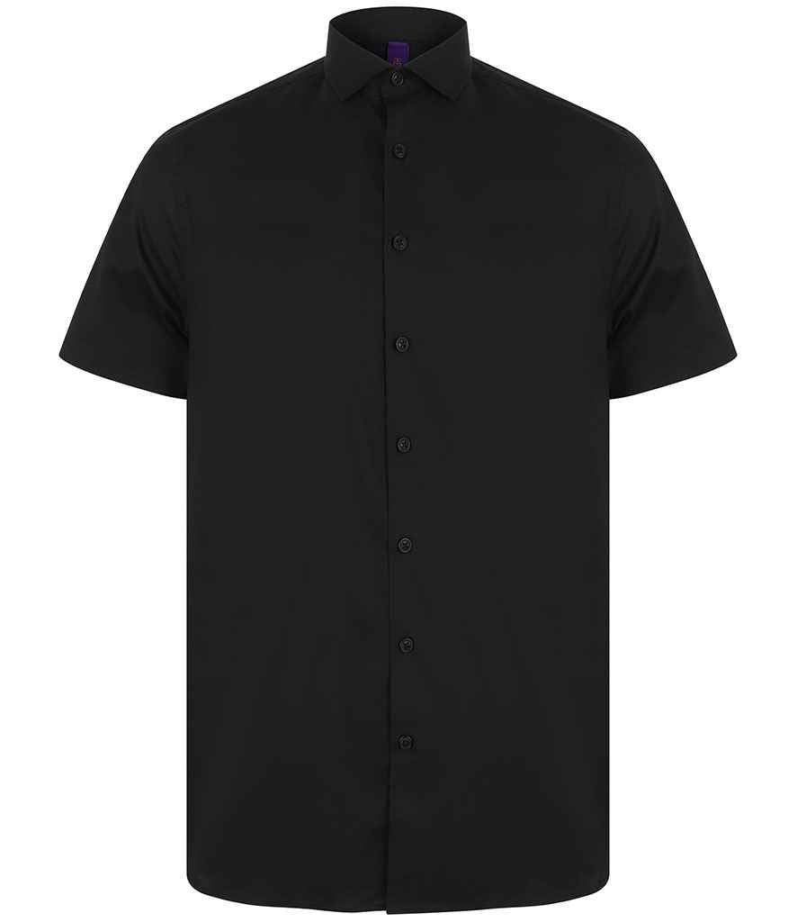 Henbury Short Sleeve Stretch Poplin Shirt in Black by Henbury — Custom branded clothing by Print Press, featuring premium embroidery produced in our specialist print lab in the UK.