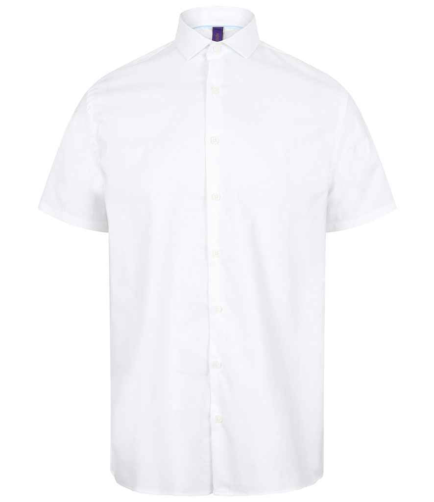 Henbury Short Sleeve Stretch Poplin Shirt in White by Henbury — Custom branded clothing by Print Press, featuring premium embroidery produced in our specialist print lab in the UK.