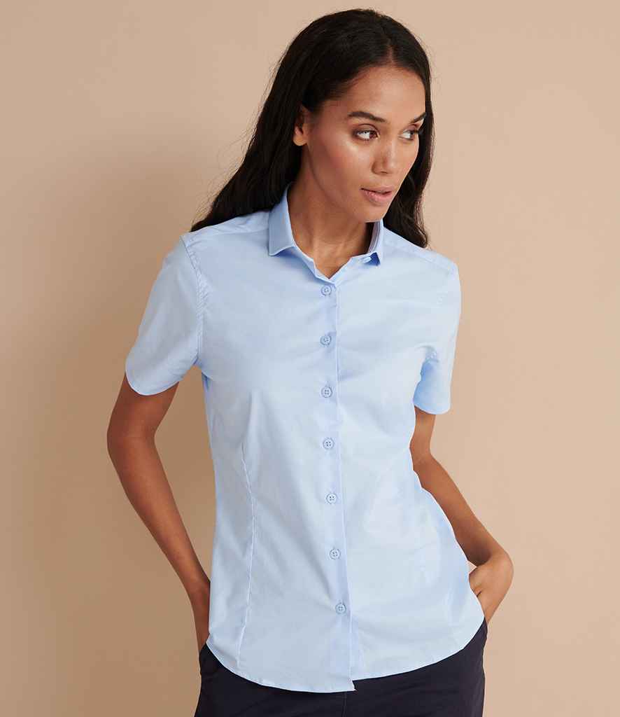 Henbury Ladies Short Sleeve Stretch Poplin Shirt in Light Blue by Henbury — Custom branded clothing by Print Press, featuring premium embroidery produced in our specialist print lab in the UK.