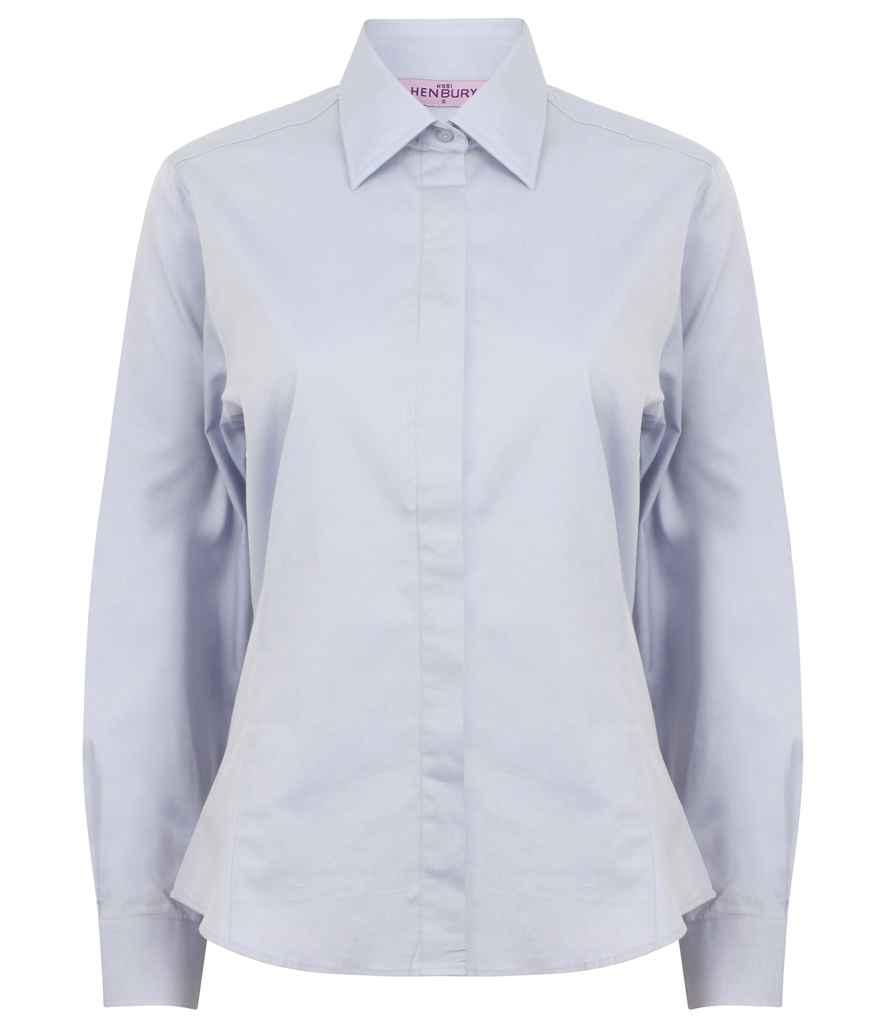 Henbury Ladies Long Sleeve Pinpoint Oxford Shirt in Light Blue by Henbury — Custom branded clothing by Print Press, featuring premium embroidery produced in our specialist print lab in the UK.