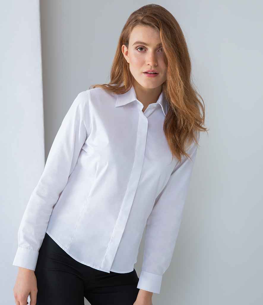 Henbury Ladies Long Sleeve Pinpoint Oxford Shirt in White by Henbury — Custom branded clothing by Print Press, featuring premium embroidery produced in our specialist print lab in the UK.