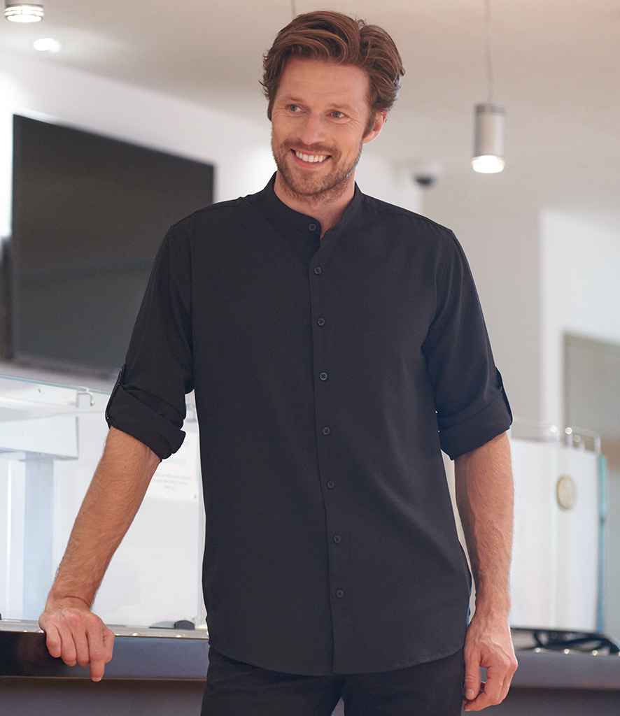 Henbury Mandarin Roll Sleeve Anti-Bac Wicking Shirt in Black by Henbury — Custom branded clothing by Print Press, featuring premium embroidery produced in our specialist print lab in the UK.