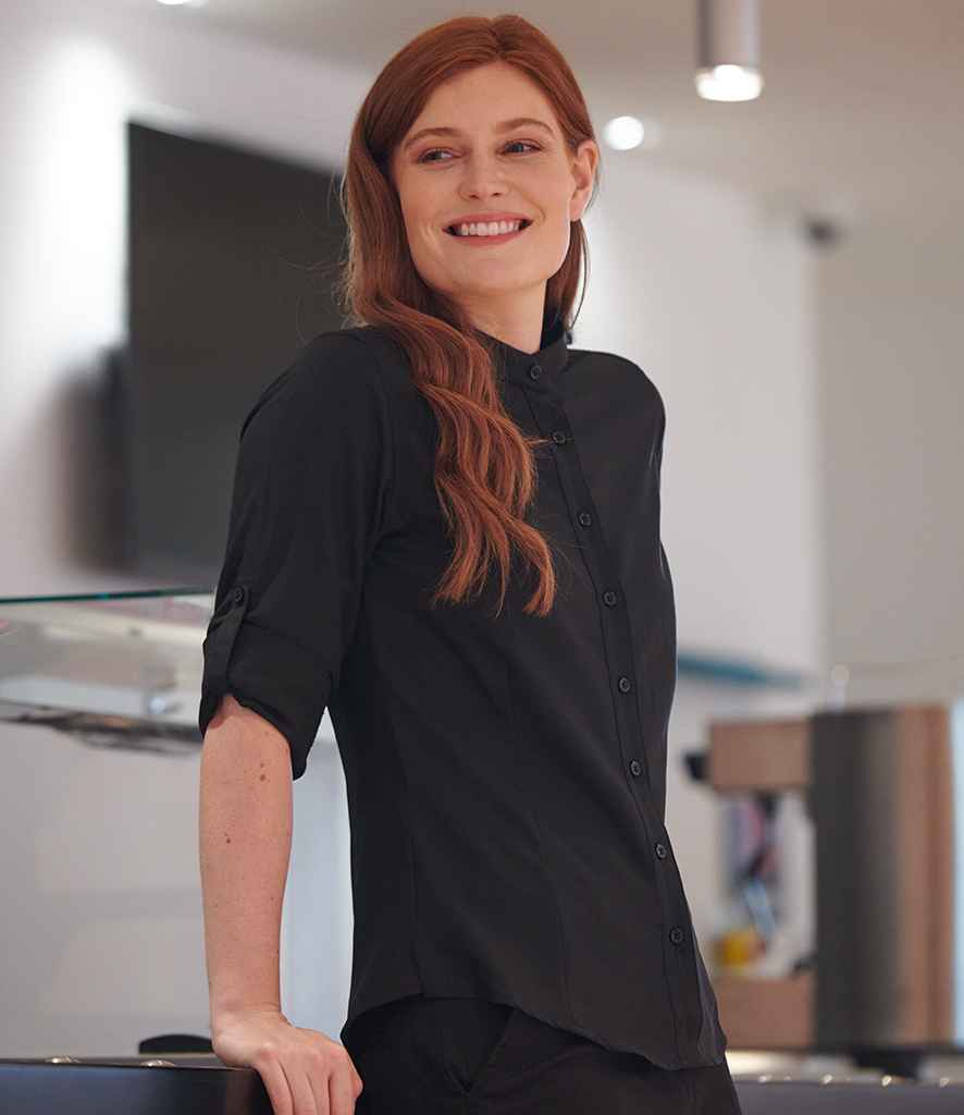 Henbury Ladies Mandarin Roll Sleeve Anti-Bac Wicking Shirt in Black by Henbury — Custom branded clothing by Print Press, featuring premium embroidery produced in our specialist print lab in the UK.