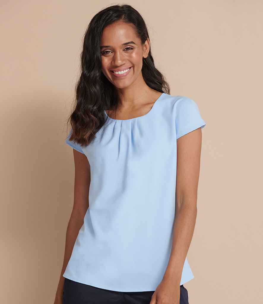 Henbury Ladies Pleat Front Short Sleeve Blouse in Light Blue by Henbury — Custom branded clothing by Print Press, featuring premium embroidery produced in our specialist print lab in the UK.