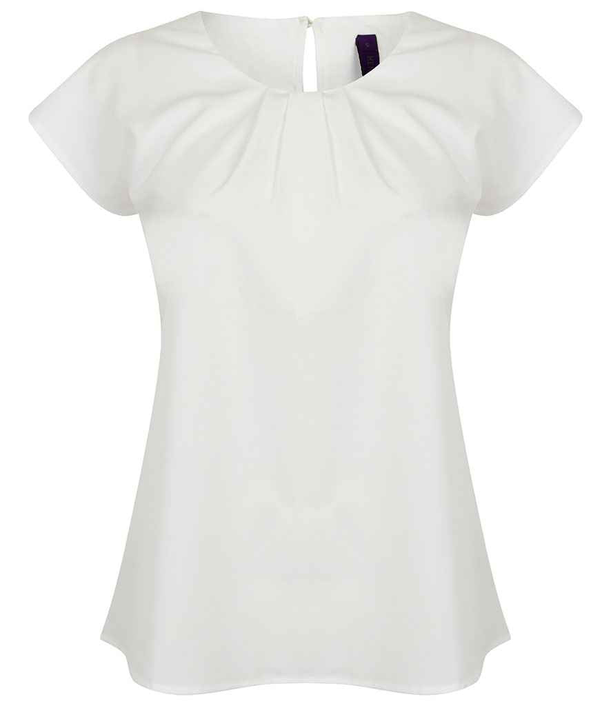 Henbury Ladies Pleat Front Short Sleeve Blouse in White by Henbury — Custom branded clothing by Print Press, featuring premium embroidery produced in our specialist print lab in the UK.
