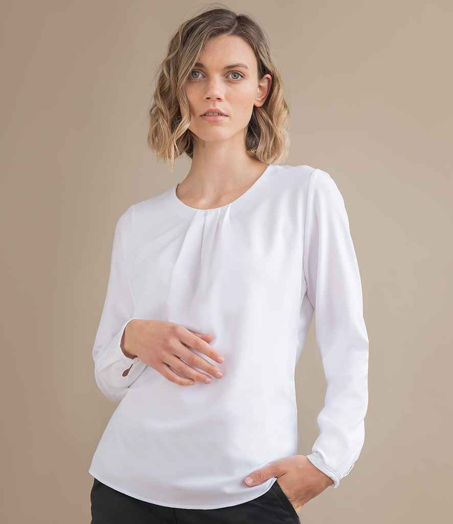 Henbury Ladies Pleat Front Long Sleeve Blouse in White by Henbury — Custom branded clothing by Print Press, featuring premium embroidery produced in our specialist print lab in the UK.