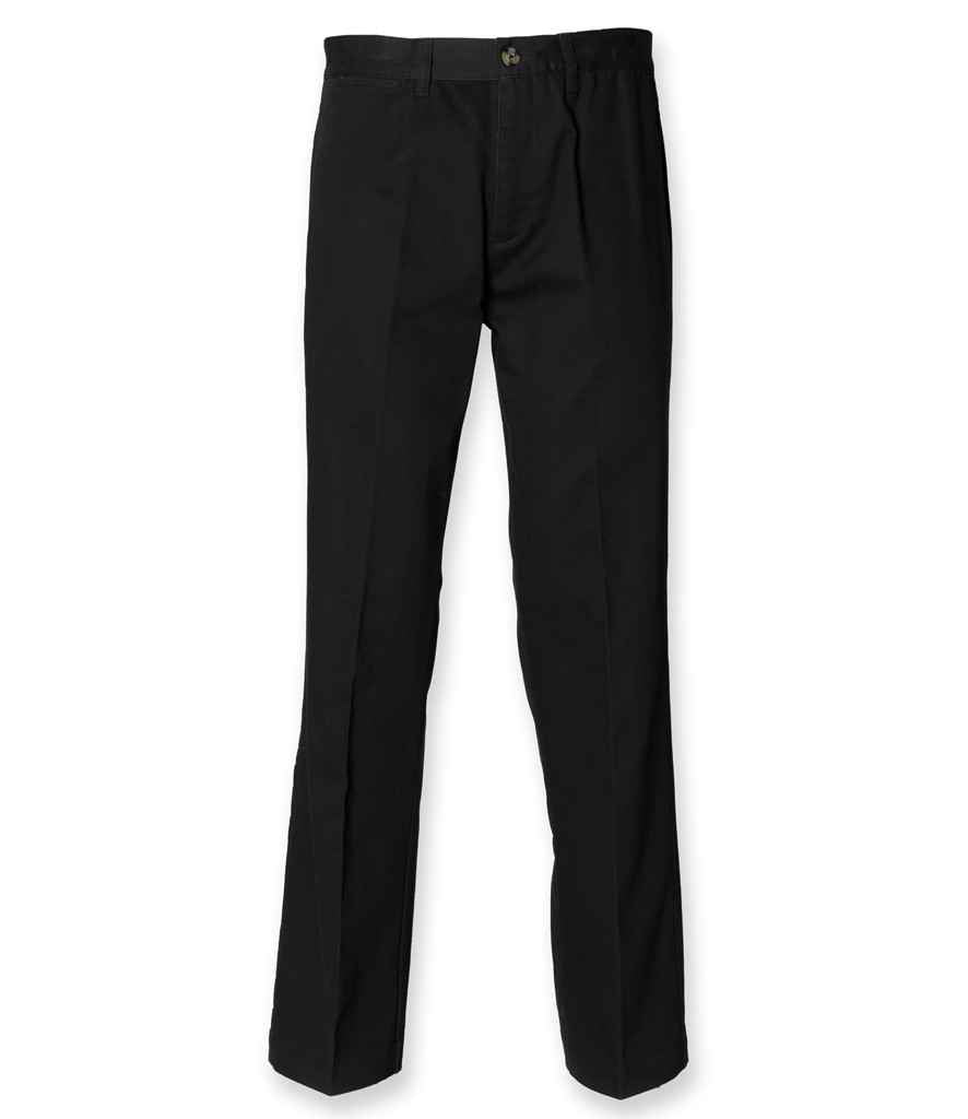 Henbury Flat Fronted Chino Trousers in Black by Henbury — Custom branded clothing by Print Press, featuring premium embroidery produced in our specialist print lab in the UK.