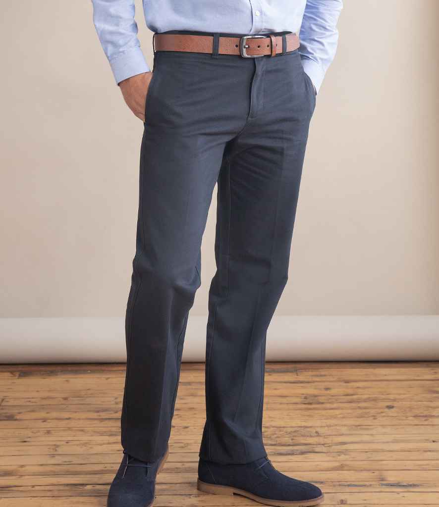 Henbury Flat Fronted Chino Trousers in Navy by Henbury — Custom branded clothing by Print Press, featuring premium embroidery produced in our specialist print lab in the UK.