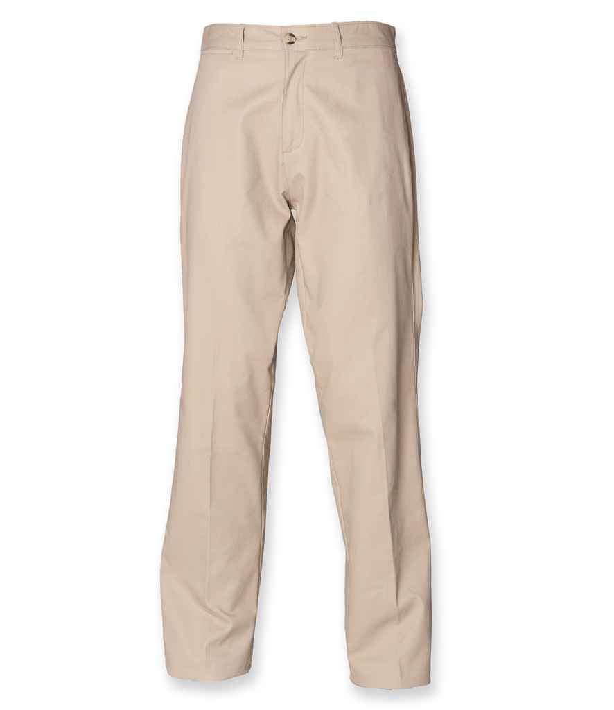 Henbury Flat Fronted Chino Trousers in Stone by Henbury — Custom branded clothing by Print Press, featuring premium embroidery produced in our specialist print lab in the UK.