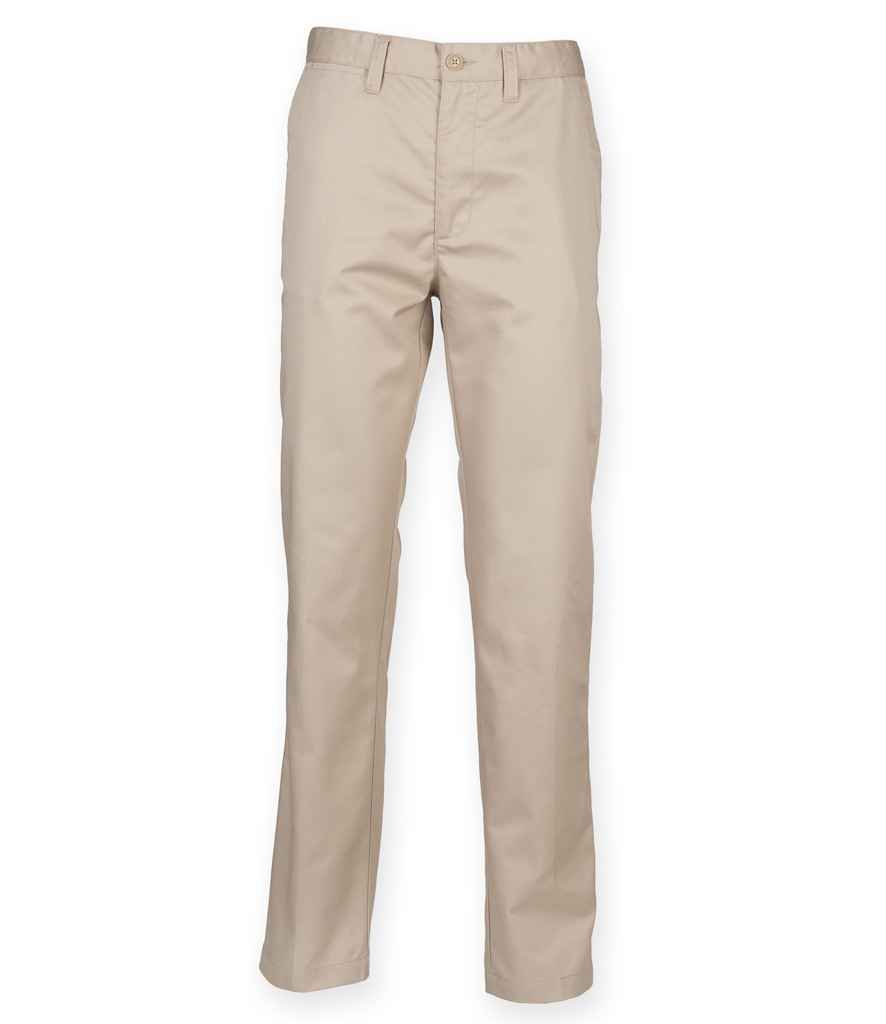 Henbury 65/35 Flat Fronted Chino Trousers in Stone by Henbury — Custom branded clothing by Print Press, featuring premium embroidery produced in our specialist print lab in the UK.