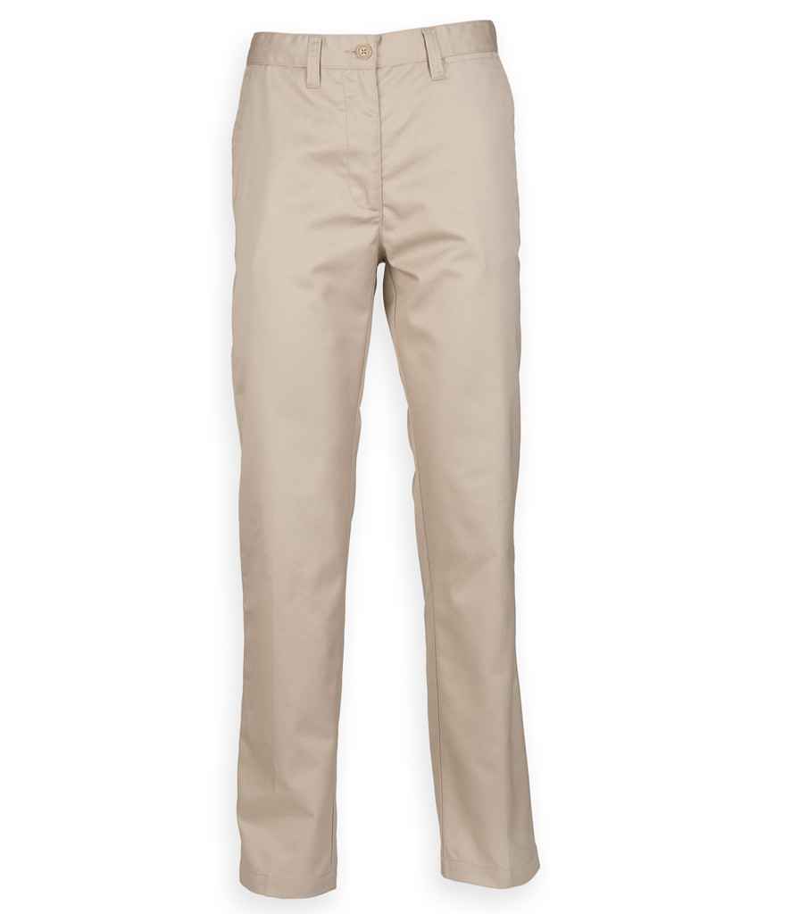 Henbury Ladies 65/35 Flat Fronted Chino Trousers in Stone by Henbury — Custom branded clothing by Print Press, featuring premium embroidery produced in our specialist print lab in the UK.