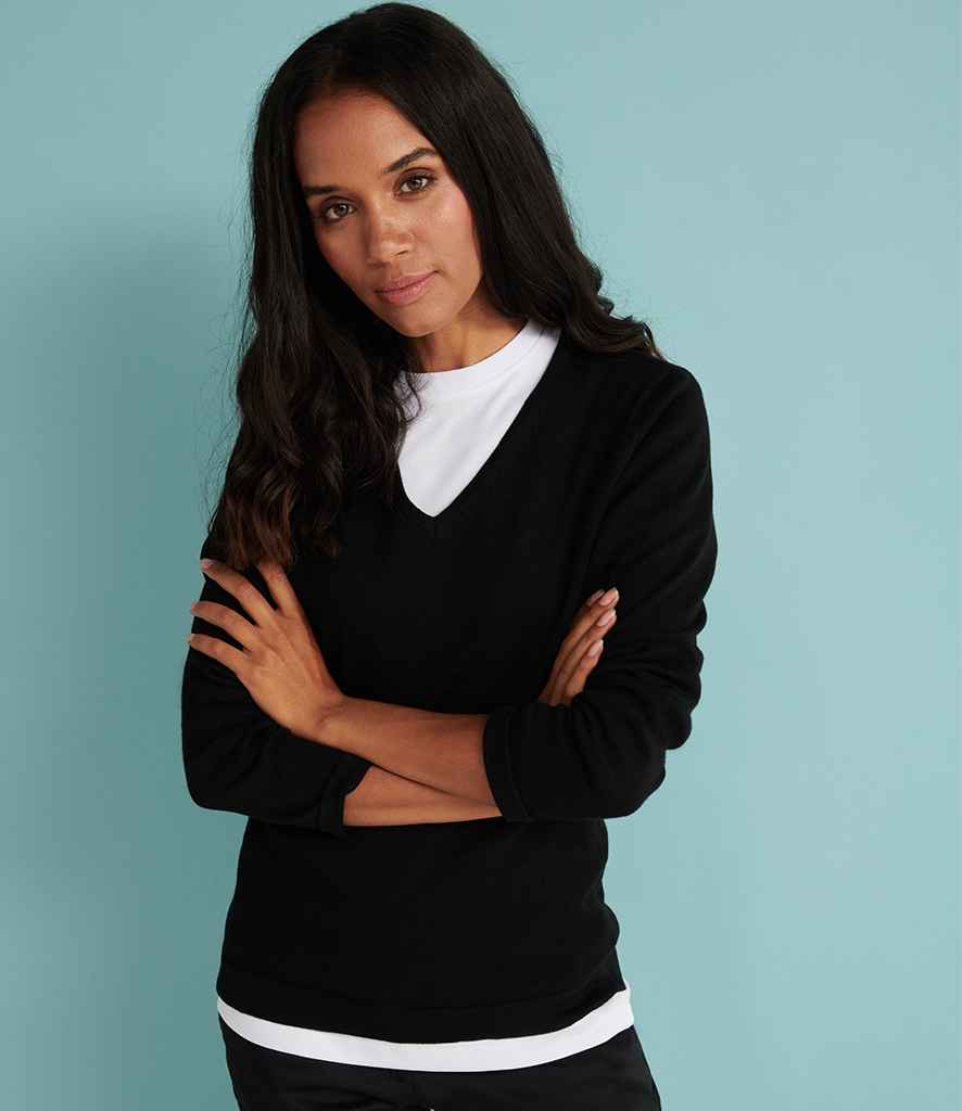 Henbury Ladies Lightweight Cotton Acrylic V Neck Sweater in Black by Henbury — Custom branded clothing by Print Press, featuring premium embroidery produced in our specialist print lab in the UK.