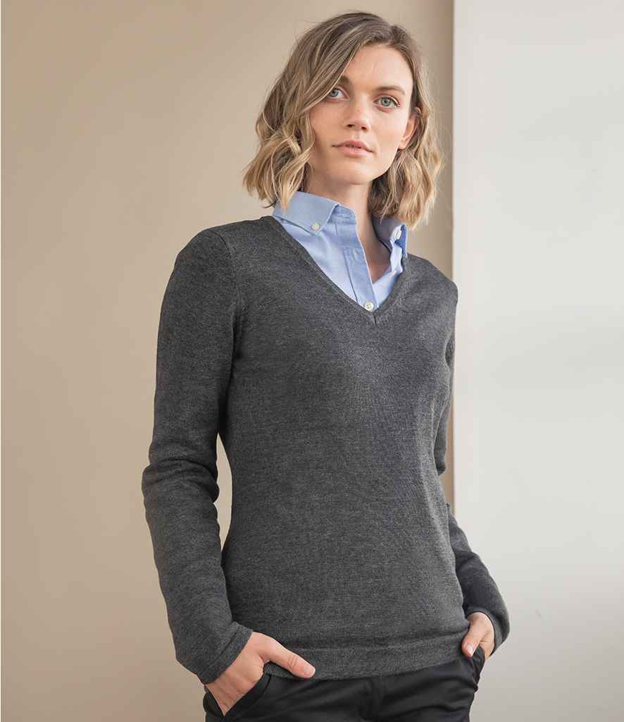Henbury Ladies Lightweight Cotton Acrylic V Neck Sweater in Grey Marl by Henbury — Custom branded clothing by Print Press, featuring premium embroidery produced in our specialist print lab in the UK.