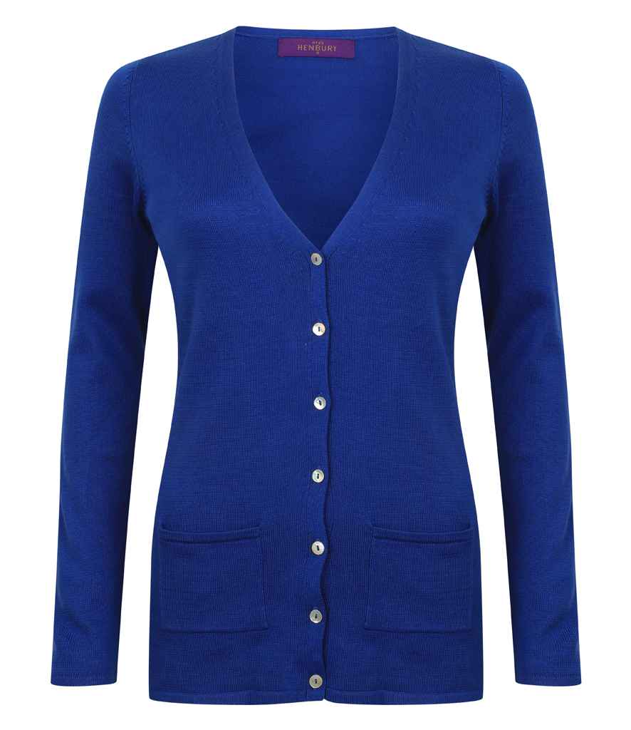 Henbury Ladies Cotton Acrylic V Neck Cardigan in Royal Blue by Henbury — Custom branded clothing by Print Press, featuring premium embroidery produced in our specialist print lab in the UK.