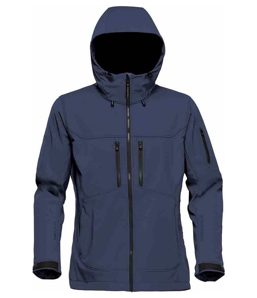 Stormtech Ladies Epsilon 2 Hooded Soft Shell Jacket in Navy Graphite Grey by Stormtech — Custom branded clothing by Print Press, featuring premium embroidery produced in our specialist print lab in the UK.