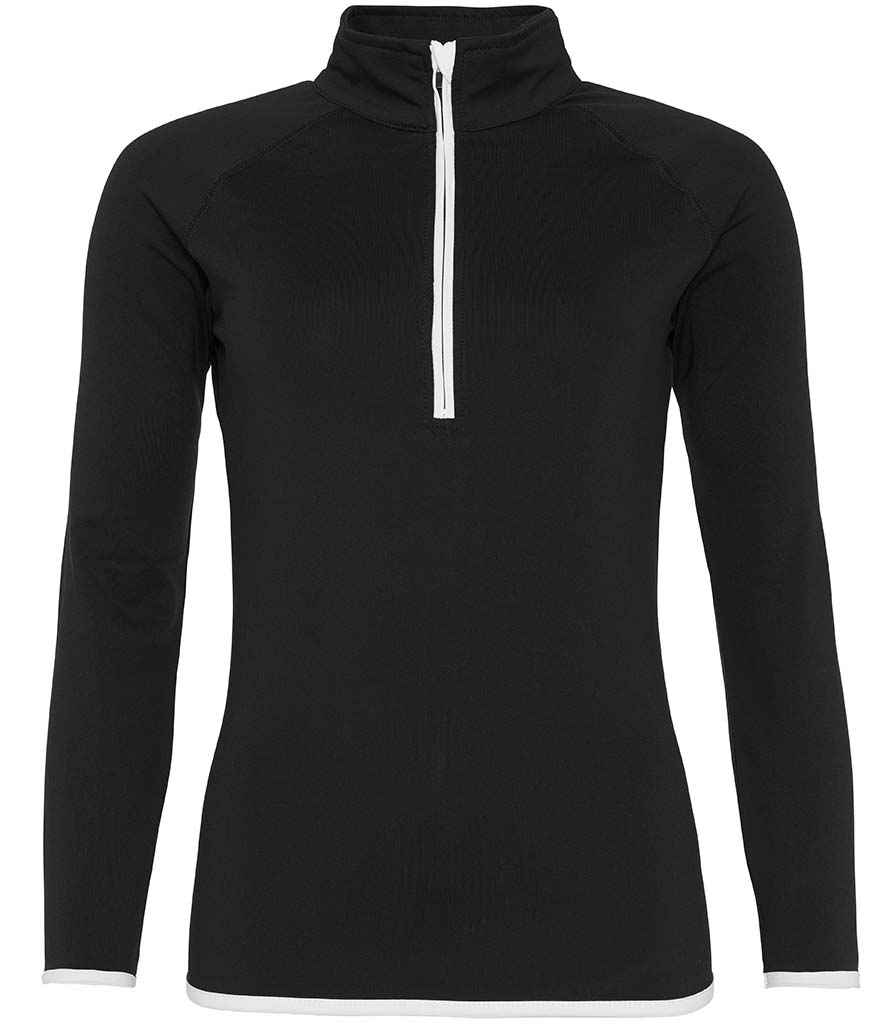 AWDis Ladies Cool Half Zip Sweat Top in Jet Black Arctic White by Just Cool — Custom branded clothing by Print Press, featuring premium embroidery produced in our specialist print lab in the UK.
