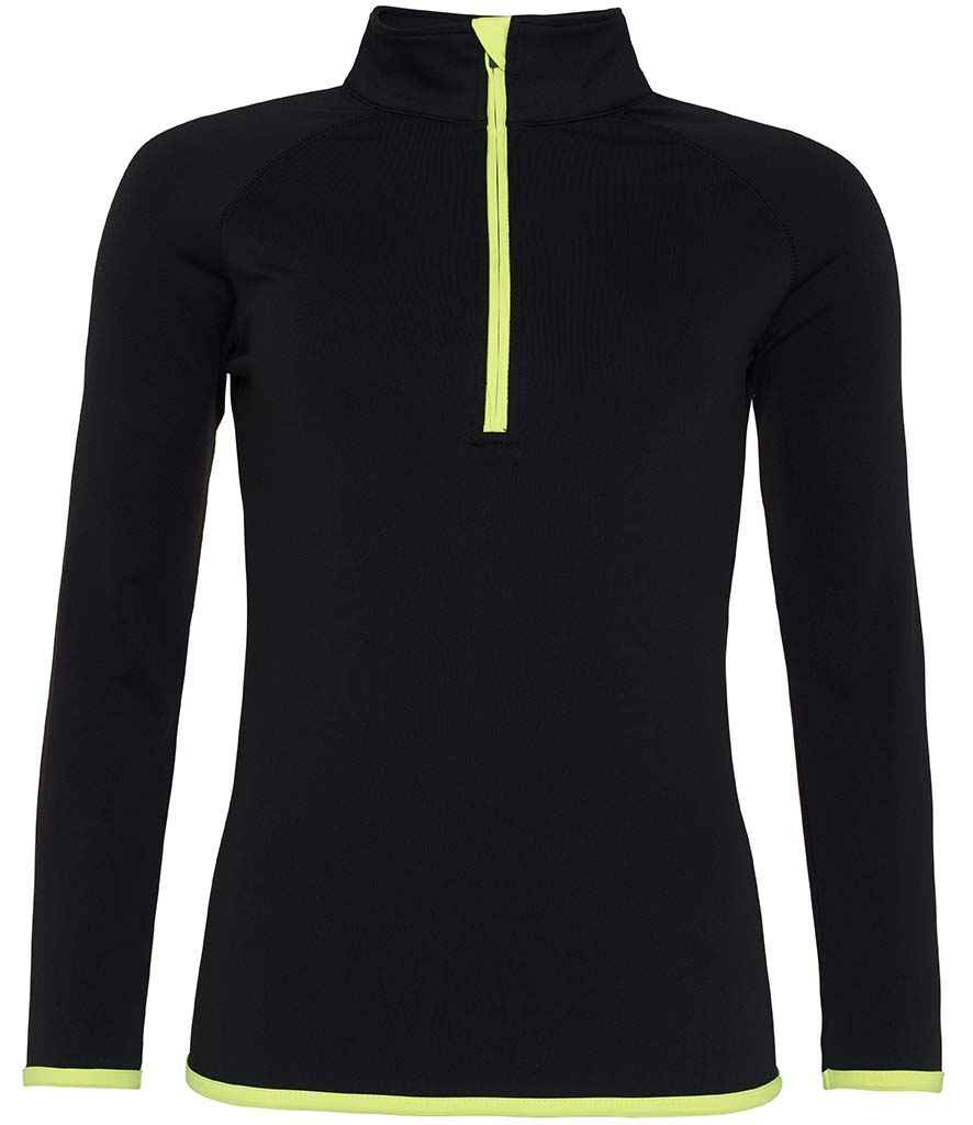 AWDis Ladies Cool Half Zip Sweat Top in Jet Black Electric Yellow by Just Cool — Custom branded clothing by Print Press, featuring premium embroidery produced in our specialist print lab in the UK.