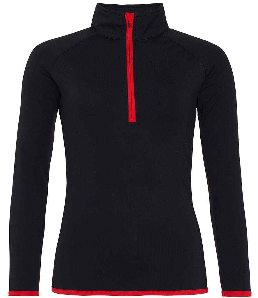 AWDis Ladies Cool Half Zip Sweat Top in Jet Black Fire Red by Just Cool — Custom branded clothing by Print Press, featuring premium embroidery produced in our specialist print lab in the UK.