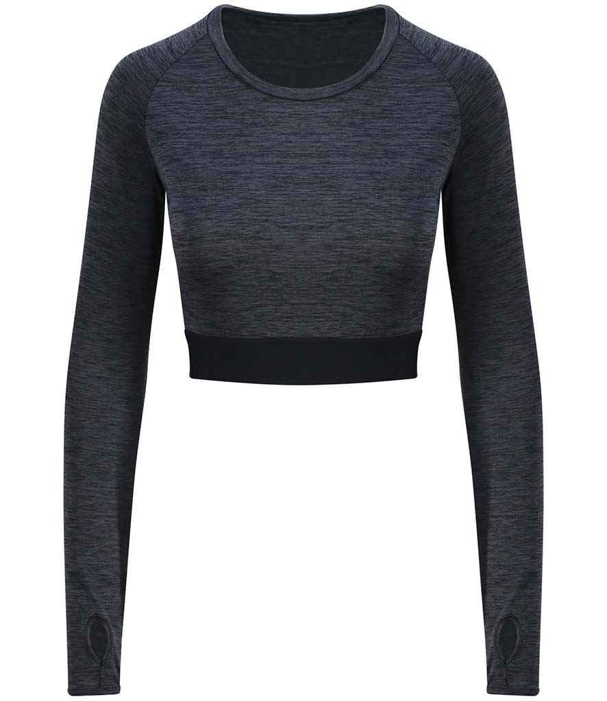 AWDis Ladies Cool Long Sleeve Crop Top in Black Slate Melange by Just Cool — Custom branded clothing by Print Press, featuring premium embroidery produced in our specialist print lab in the UK.