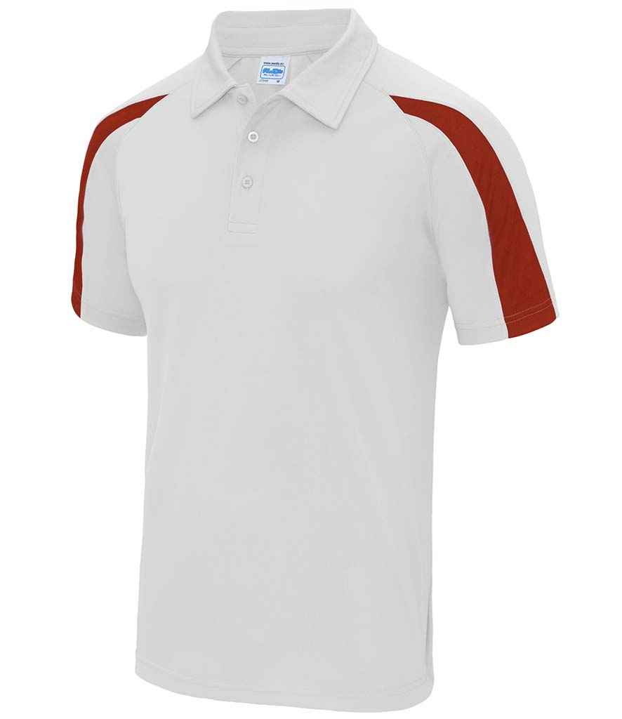AWDis Cool Contrast Polo Shirt in Arctic White Fire Red by Just Cool — Custom branded clothing by Print Press, featuring premium embroidery produced in our specialist print lab in the UK.