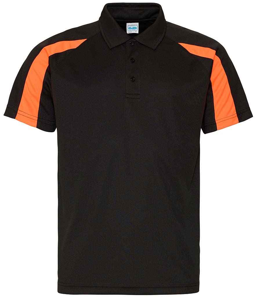 AWDis Cool Contrast Polo Shirt in Jet Black Electric Orange by Just Cool — Custom branded clothing by Print Press, featuring premium embroidery produced in our specialist print lab in the UK.