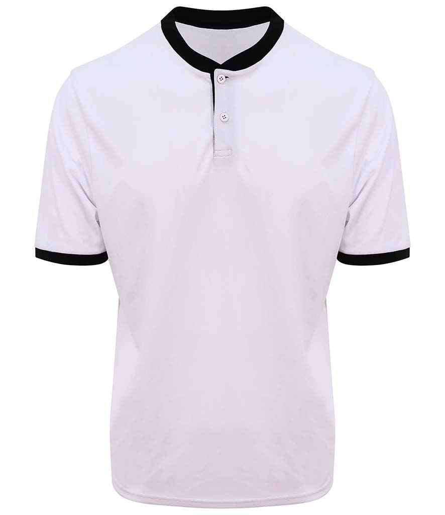 AWDis Cool Stand Collar Sports Polo Shirt in Arctic White Jet Black by Just Cool — Custom branded clothing by Print Press, featuring premium embroidery produced in our specialist print lab in the UK.