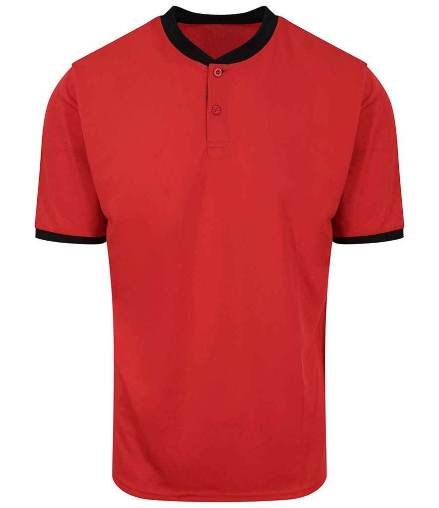 AWDis Cool Stand Collar Sports Polo Shirt in Fire Red Jet Black by Just Cool — Custom branded clothing by Print Press, featuring premium embroidery produced in our specialist print lab in the UK.