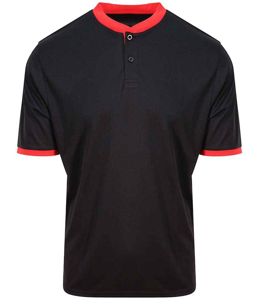 AWDis Cool Stand Collar Sports Polo Shirt in Jet Black Fire Red by Just Cool — Custom branded clothing by Print Press, featuring premium embroidery produced in our specialist print lab in the UK.