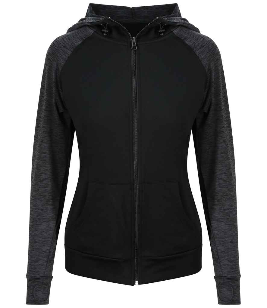 AWDis Ladies Cool Contrast Zoodie in Black Black Slate Melange by Just Cool — Custom branded clothing by Print Press, featuring premium embroidery produced in our specialist print lab in the UK.
